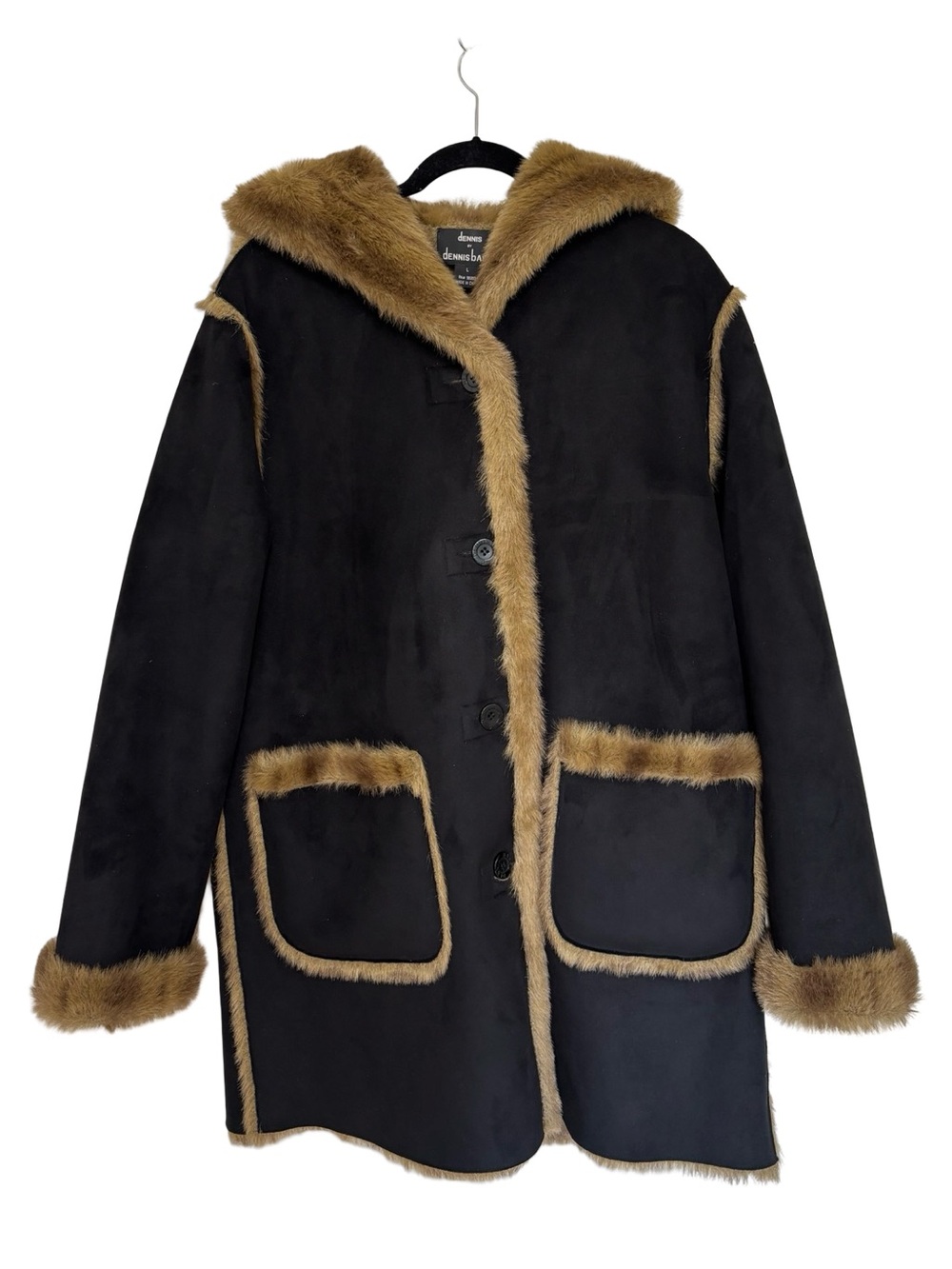 Vintage Dennis Basso Vegan Faux Fur Faux Suede Reversible Coat Black Tan -Size L